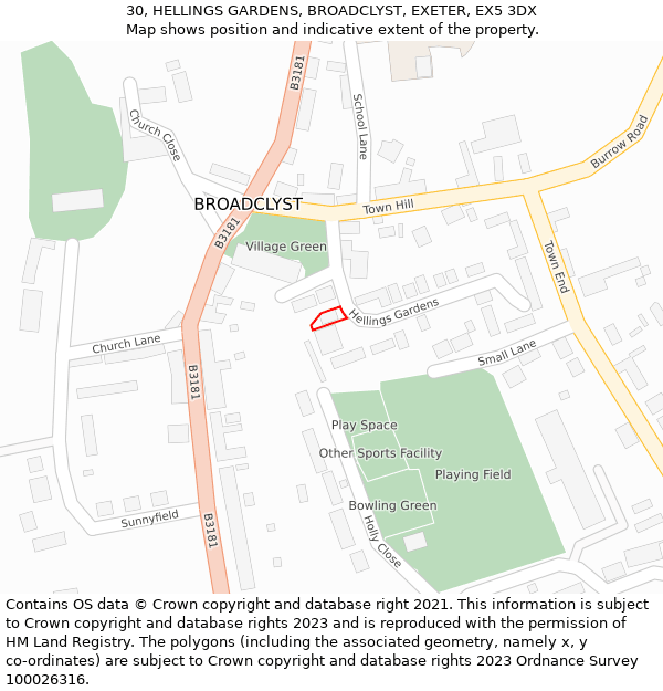 30, HELLINGS GARDENS, BROADCLYST, EXETER, EX5 3DX: Location map and indicative extent of plot