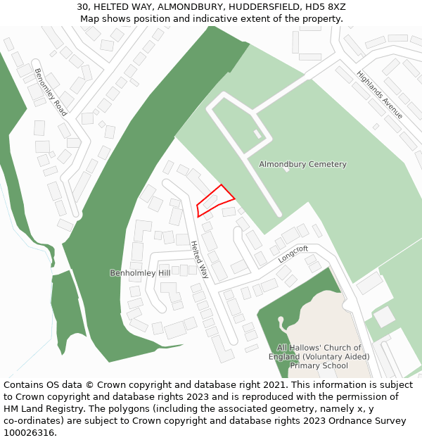 30, HELTED WAY, ALMONDBURY, HUDDERSFIELD, HD5 8XZ: Location map and indicative extent of plot