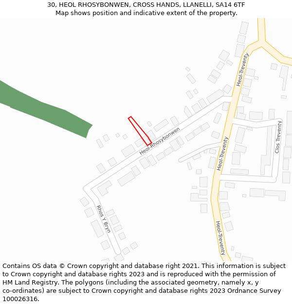 30, HEOL RHOSYBONWEN, CROSS HANDS, LLANELLI, SA14 6TF: Location map and indicative extent of plot