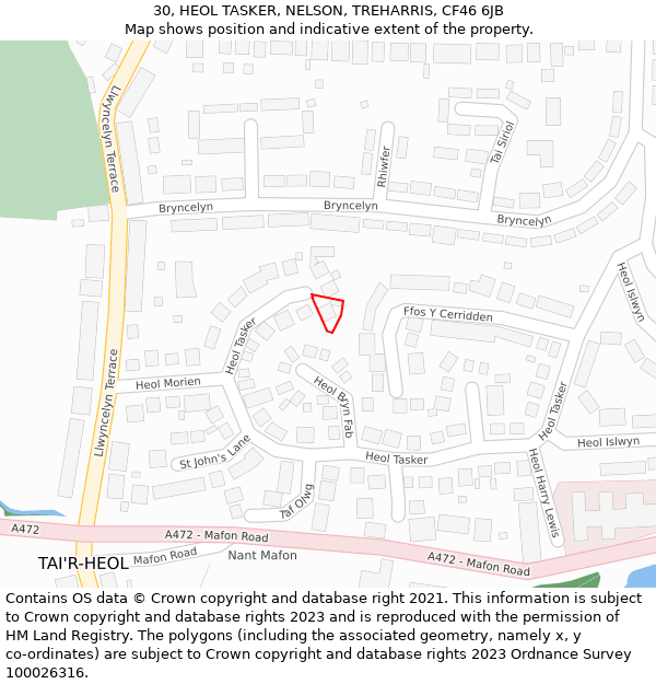 30, HEOL TASKER, NELSON, TREHARRIS, CF46 6JB: Location map and indicative extent of plot