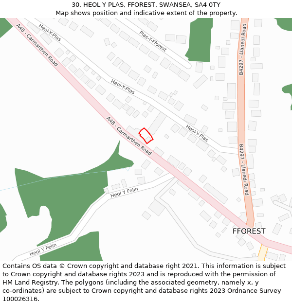 30, HEOL Y PLAS, FFOREST, SWANSEA, SA4 0TY: Location map and indicative extent of plot