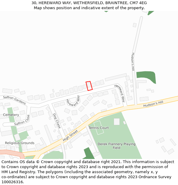 30, HEREWARD WAY, WETHERSFIELD, BRAINTREE, CM7 4EG: Location map and indicative extent of plot