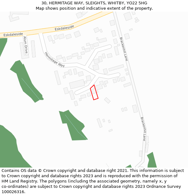 30, HERMITAGE WAY, SLEIGHTS, WHITBY, YO22 5HG: Location map and indicative extent of plot