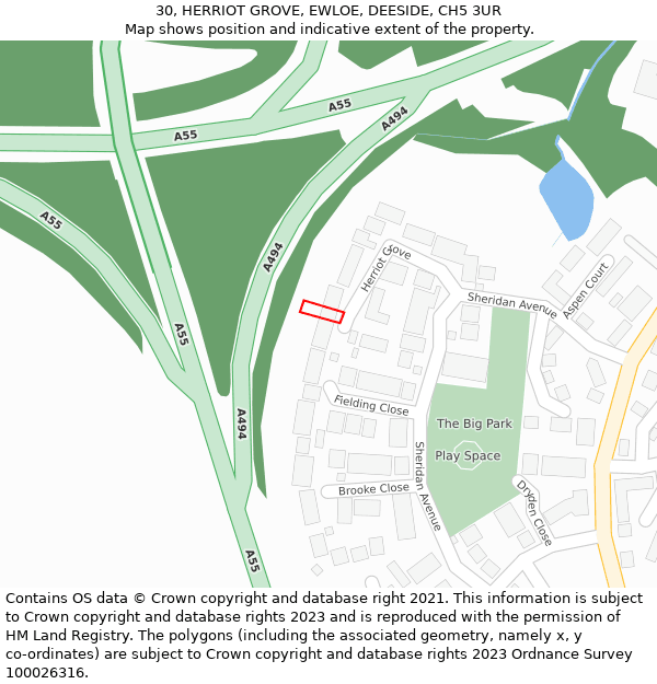 30, HERRIOT GROVE, EWLOE, DEESIDE, CH5 3UR: Location map and indicative extent of plot