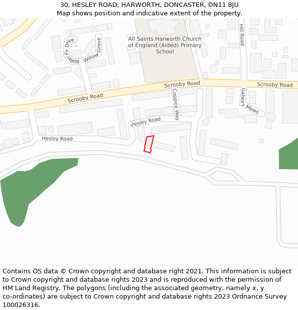 30, HESLEY ROAD, HARWORTH, DONCASTER, DN11 8JU: Location map and indicative extent of plot