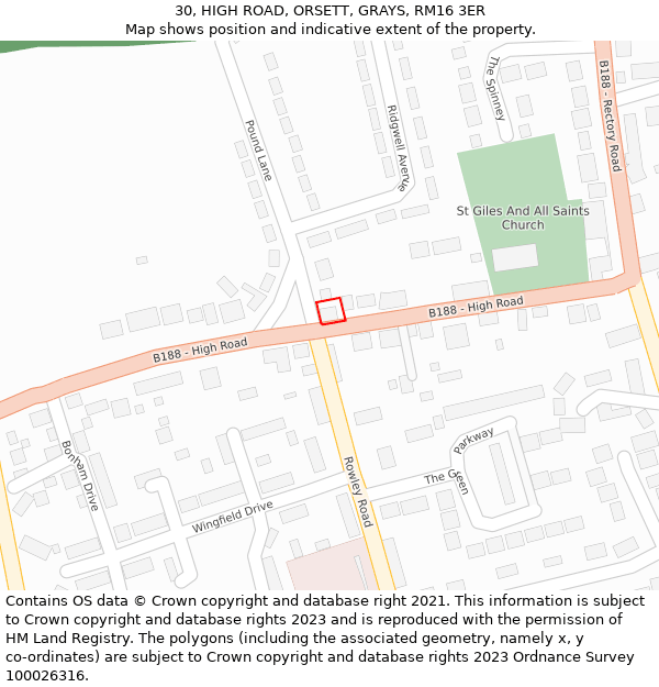 30, HIGH ROAD, ORSETT, GRAYS, RM16 3ER: Location map and indicative extent of plot