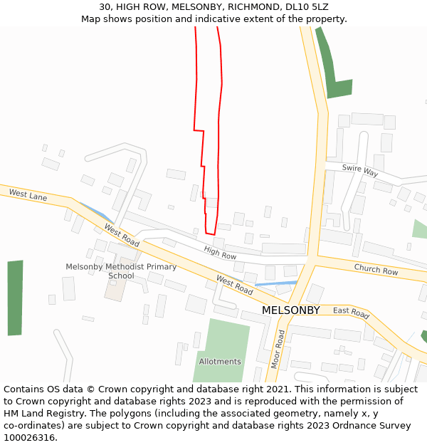 30, HIGH ROW, MELSONBY, RICHMOND, DL10 5LZ: Location map and indicative extent of plot