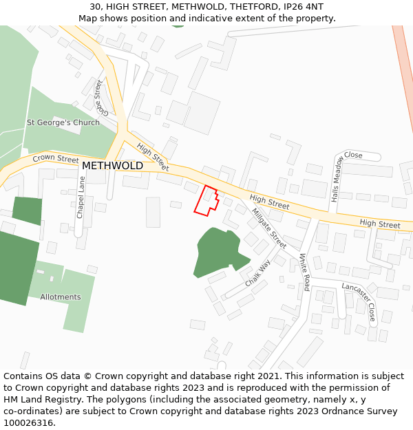 30, HIGH STREET, METHWOLD, THETFORD, IP26 4NT: Location map and indicative extent of plot