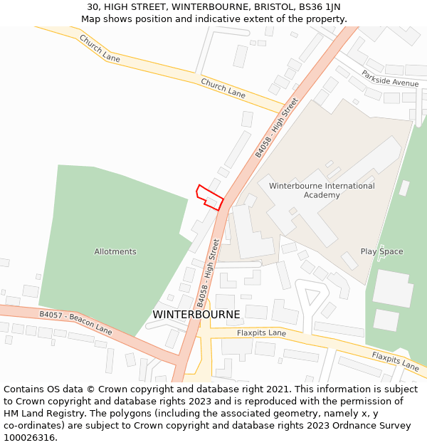 30, HIGH STREET, WINTERBOURNE, BRISTOL, BS36 1JN: Location map and indicative extent of plot