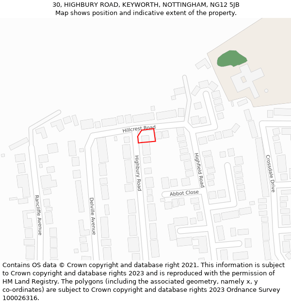 30, HIGHBURY ROAD, KEYWORTH, NOTTINGHAM, NG12 5JB: Location map and indicative extent of plot