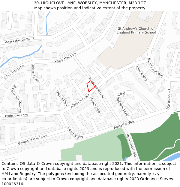 30, HIGHCLOVE LANE, WORSLEY, MANCHESTER, M28 1GZ: Location map and indicative extent of plot