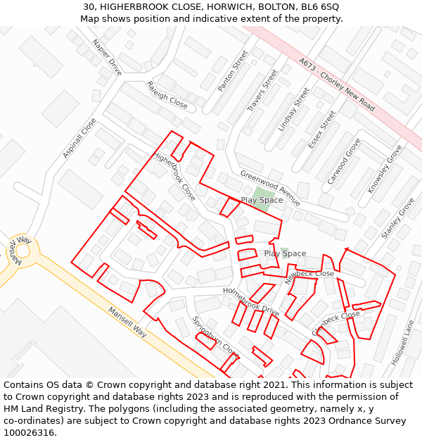 30, HIGHERBROOK CLOSE, HORWICH, BOLTON, BL6 6SQ: Location map and indicative extent of plot