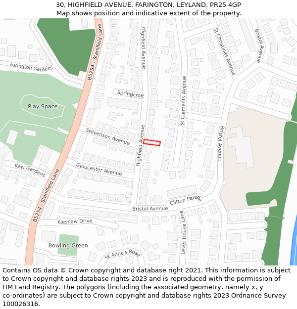 30, HIGHFIELD AVENUE, FARINGTON, LEYLAND, PR25 4GP: Location map and indicative extent of plot