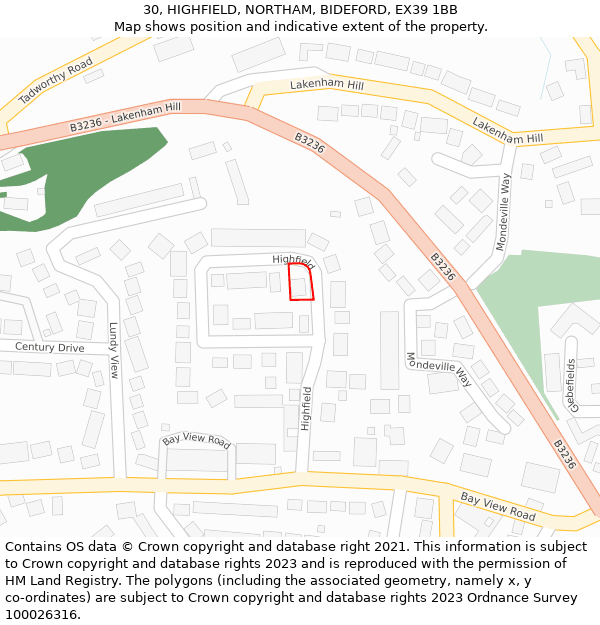 30, HIGHFIELD, NORTHAM, BIDEFORD, EX39 1BB: Location map and indicative extent of plot