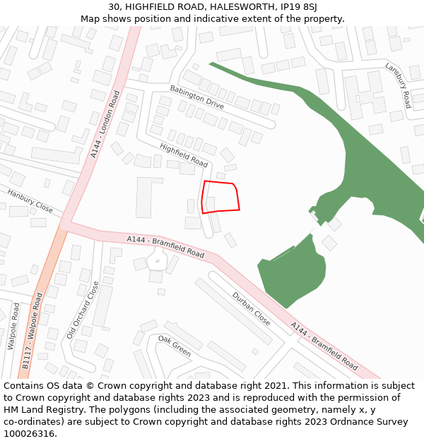 30, HIGHFIELD ROAD, HALESWORTH, IP19 8SJ: Location map and indicative extent of plot