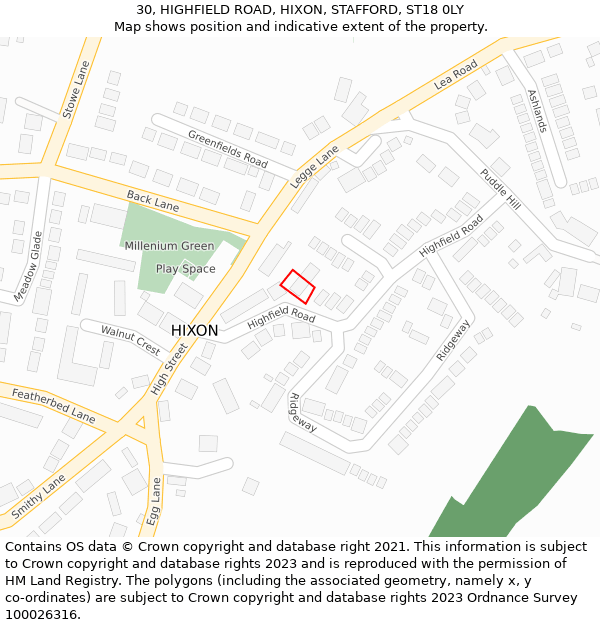 30, HIGHFIELD ROAD, HIXON, STAFFORD, ST18 0LY: Location map and indicative extent of plot