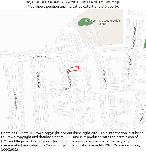 30, HIGHFIELD ROAD, KEYWORTH, NOTTINGHAM, NG12 5JE: Location map and indicative extent of plot