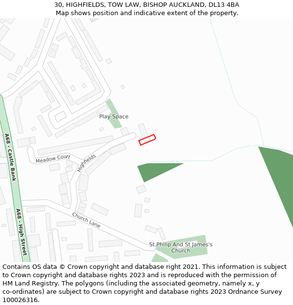 30, HIGHFIELDS, TOW LAW, BISHOP AUCKLAND, DL13 4BA: Location map and indicative extent of plot