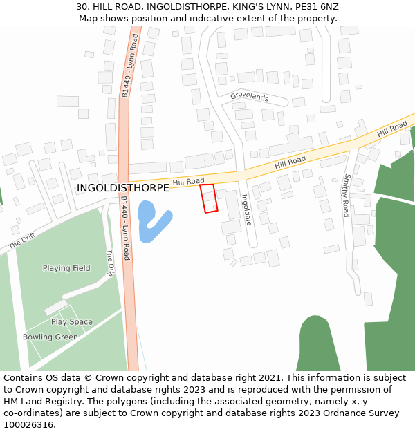 30, HILL ROAD, INGOLDISTHORPE, KING'S LYNN, PE31 6NZ: Location map and indicative extent of plot