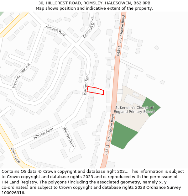 30, HILLCREST ROAD, ROMSLEY, HALESOWEN, B62 0PB: Location map and indicative extent of plot