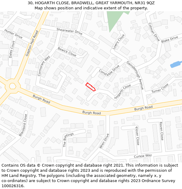 30, HOGARTH CLOSE, BRADWELL, GREAT YARMOUTH, NR31 9QZ: Location map and indicative extent of plot