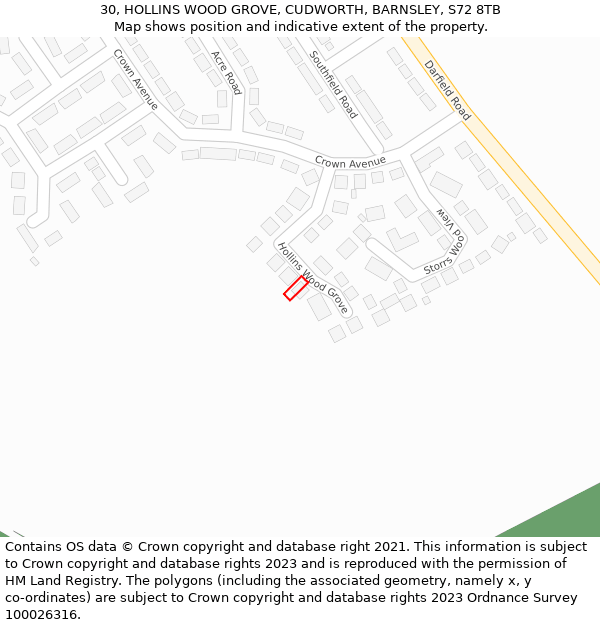 30, HOLLINS WOOD GROVE, CUDWORTH, BARNSLEY, S72 8TB: Location map and indicative extent of plot