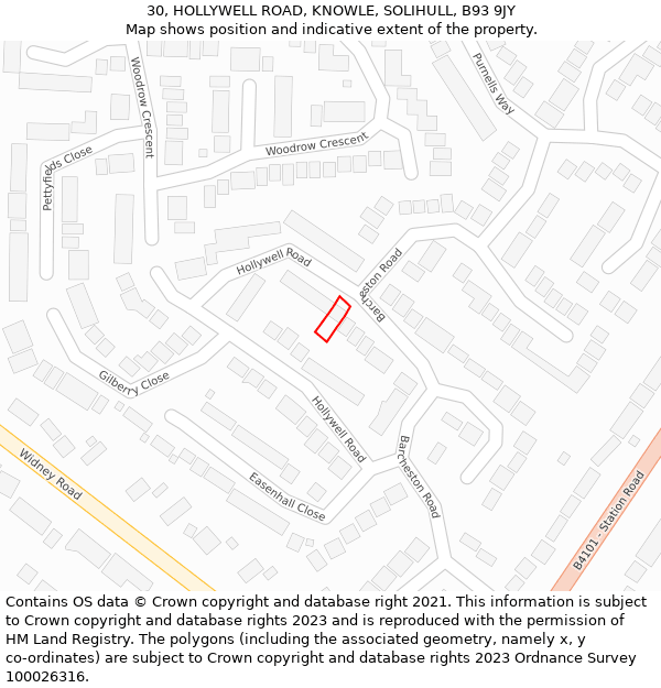 30, HOLLYWELL ROAD, KNOWLE, SOLIHULL, B93 9JY: Location map and indicative extent of plot