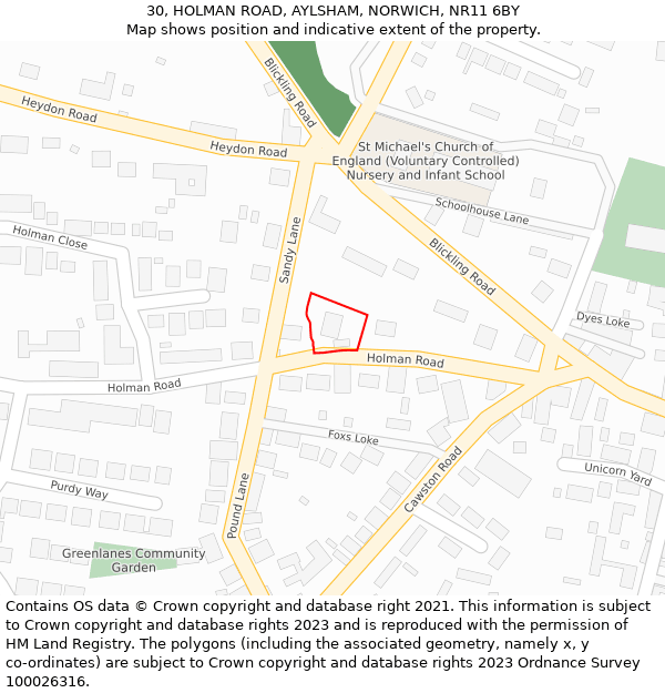 30, HOLMAN ROAD, AYLSHAM, NORWICH, NR11 6BY: Location map and indicative extent of plot