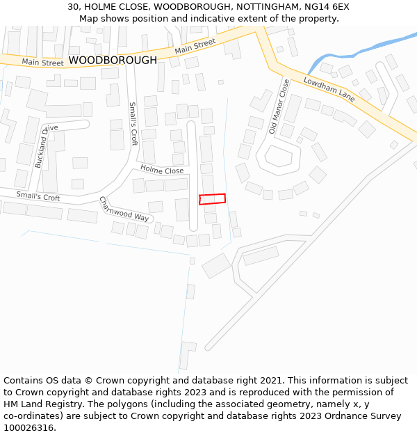 30, HOLME CLOSE, WOODBOROUGH, NOTTINGHAM, NG14 6EX: Location map and indicative extent of plot