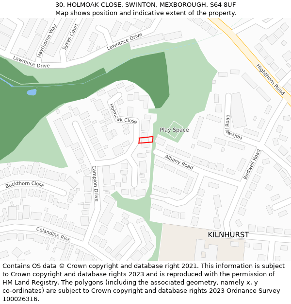 30, HOLMOAK CLOSE, SWINTON, MEXBOROUGH, S64 8UF: Location map and indicative extent of plot