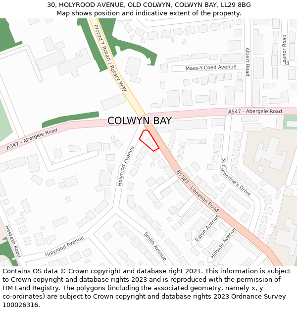 30, HOLYROOD AVENUE, OLD COLWYN, COLWYN BAY, LL29 8BG: Location map and indicative extent of plot