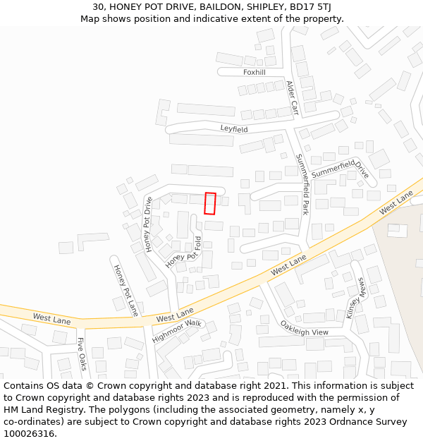 30, HONEY POT DRIVE, BAILDON, SHIPLEY, BD17 5TJ: Location map and indicative extent of plot