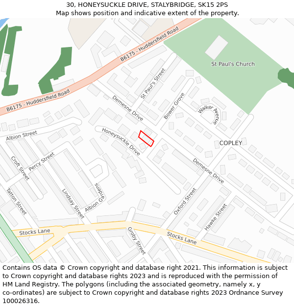 30, HONEYSUCKLE DRIVE, STALYBRIDGE, SK15 2PS: Location map and indicative extent of plot