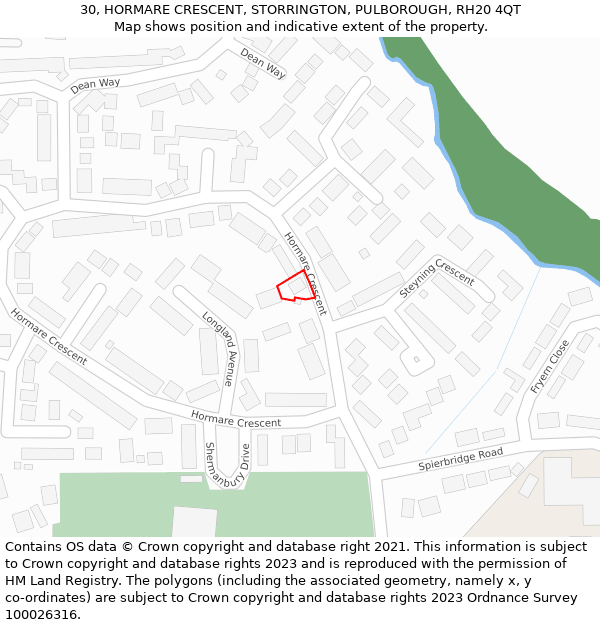 30, HORMARE CRESCENT, STORRINGTON, PULBOROUGH, RH20 4QT: Location map and indicative extent of plot