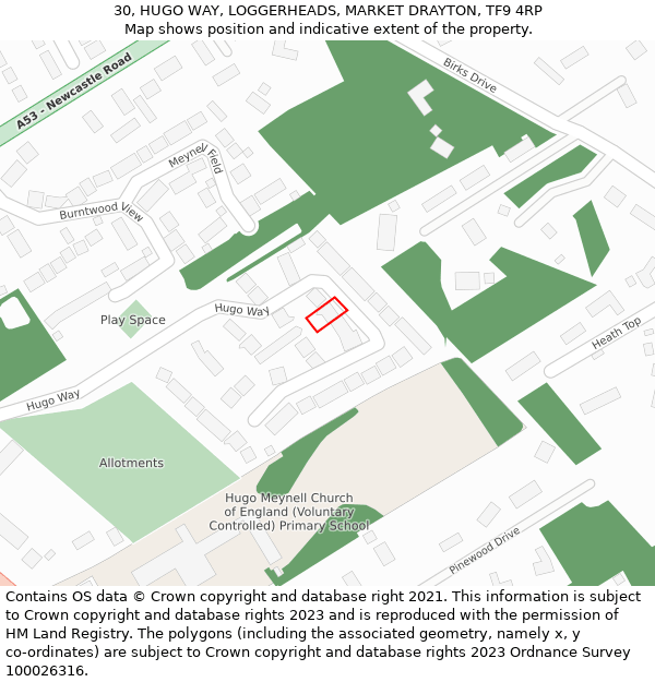 30, HUGO WAY, LOGGERHEADS, MARKET DRAYTON, TF9 4RP: Location map and indicative extent of plot