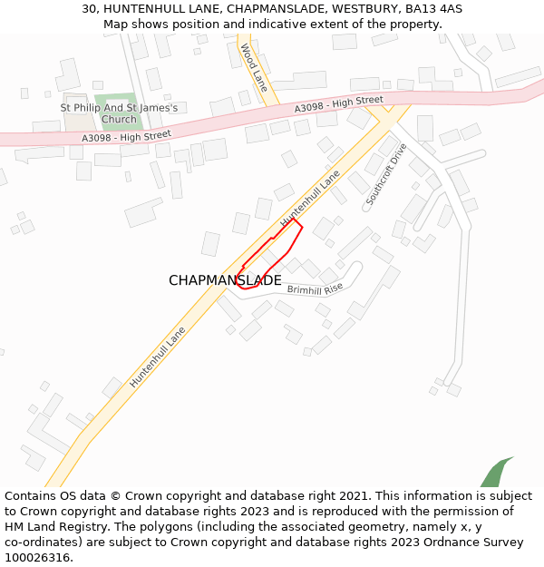 30, HUNTENHULL LANE, CHAPMANSLADE, WESTBURY, BA13 4AS: Location map and indicative extent of plot