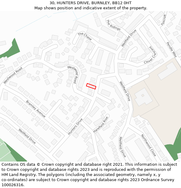 30, HUNTERS DRIVE, BURNLEY, BB12 0HT: Location map and indicative extent of plot