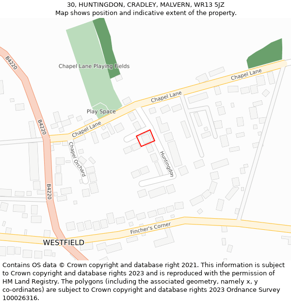 30, HUNTINGDON, CRADLEY, MALVERN, WR13 5JZ: Location map and indicative extent of plot