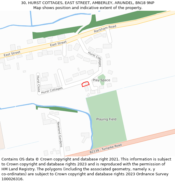 30, HURST COTTAGES, EAST STREET, AMBERLEY, ARUNDEL, BN18 9NP: Location map and indicative extent of plot