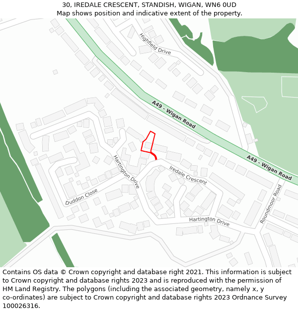 30, IREDALE CRESCENT, STANDISH, WIGAN, WN6 0UD: Location map and indicative extent of plot