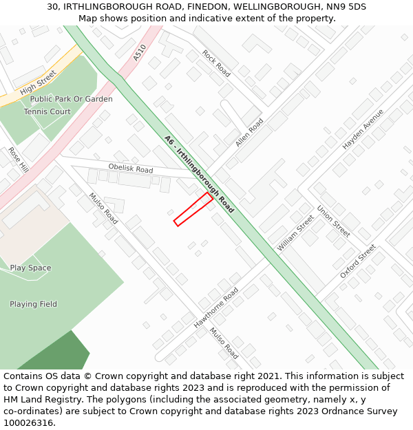 30, IRTHLINGBOROUGH ROAD, FINEDON, WELLINGBOROUGH, NN9 5DS: Location map and indicative extent of plot