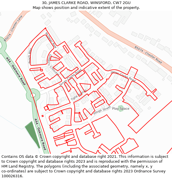 30, JAMES CLARKE ROAD, WINSFORD, CW7 2GU: Location map and indicative extent of plot