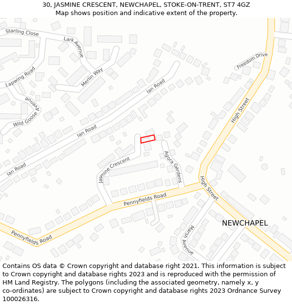 30, JASMINE CRESCENT, NEWCHAPEL, STOKE-ON-TRENT, ST7 4GZ: Location map and indicative extent of plot