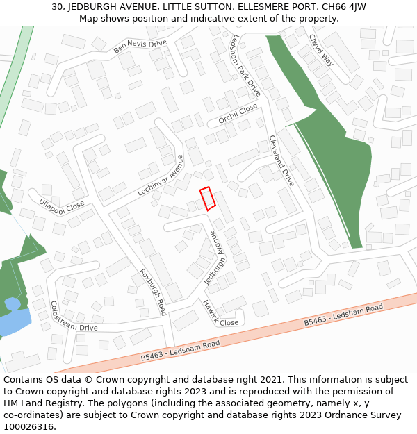 30, JEDBURGH AVENUE, LITTLE SUTTON, ELLESMERE PORT, CH66 4JW: Location map and indicative extent of plot