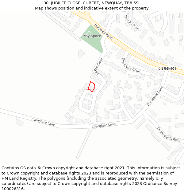 30, JUBILEE CLOSE, CUBERT, NEWQUAY, TR8 5SL: Location map and indicative extent of plot
