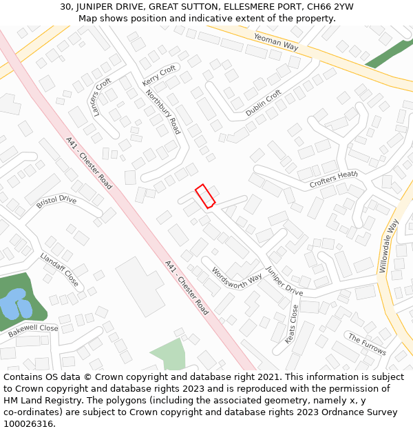 30, JUNIPER DRIVE, GREAT SUTTON, ELLESMERE PORT, CH66 2YW: Location map and indicative extent of plot