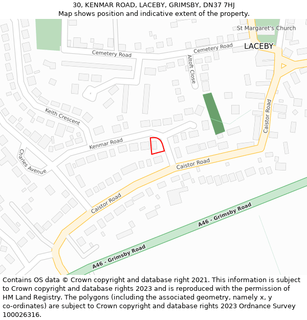 30, KENMAR ROAD, LACEBY, GRIMSBY, DN37 7HJ: Location map and indicative extent of plot