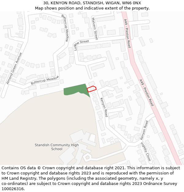 30, KENYON ROAD, STANDISH, WIGAN, WN6 0NX: Location map and indicative extent of plot