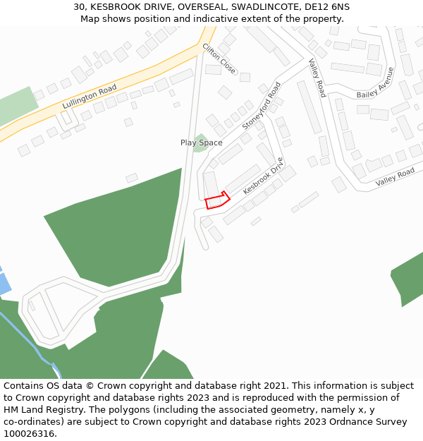 30, KESBROOK DRIVE, OVERSEAL, SWADLINCOTE, DE12 6NS: Location map and indicative extent of plot