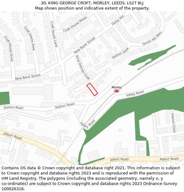 30, KING GEORGE CROFT, MORLEY, LEEDS, LS27 8LJ: Location map and indicative extent of plot